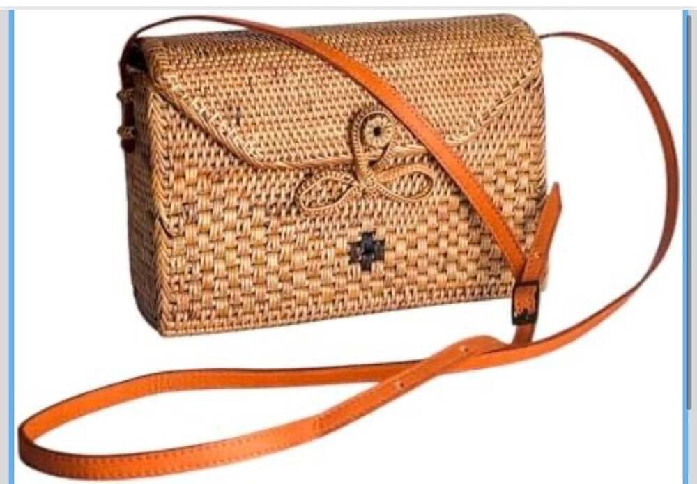 Novum Crafts Rectangle Woven Ata Rattan Crossbody Bag with Leather Strap